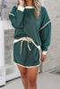 Evergreen Color Contrast Loose Pullover and Lace-up Waist Skirt Set