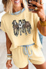 Yellow Cream Ribbed Knit Two Piece Set Sequin Horse Patched Casual Short Set