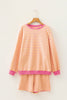 Yellow Stripe Color Block Trim Round Neck Long Sleeve Top Casual Shorts 2pcs Set