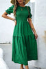 Dark Green Solid Textured Smocked Puff Short Sleeve High Waist Long Dress