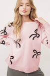 Light Pink Bow Pattern Knitted Loose Fit Sweater