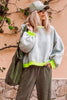 Light Grey Contrast Color Banding Patchwork Puff Sleeve Loose Sweatshirt