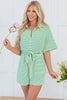 Green Stripe Textured Short Sleeve Collared Buttoned Waist Tie Romper