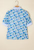 Sky Blue Floral Print Striped Patchwork Collared Short Sleeve Blouse