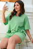 Mint Green Plus Size V Neck Tee Patched Pocket Drawstring Shorts Set