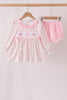 Pink floral turkey embroidery ruffle bloomer set