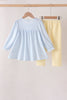Blue character embroidery gingham ruffle pants set