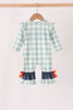 Sage Turkey Embroidery Gingham Ruffle Romper