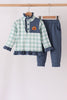 Sage Turkey Embroidery Gingham Ruffle Jogger Set
