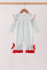 Gray stripe santa french knot ruffle romper
