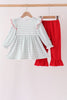 Gray stripe santa french knot ruffle pants set
