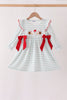 Gray stripe santa french knot ruffle dress