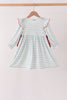 Gray stripe santa french knot ruffle dress