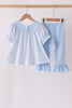Blue ghost embroidery gingham ruffle pants set