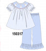Blue ghost embroidery gingham ruffle pants set