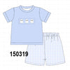 Blue ghost embroidery gingham shorts set