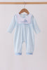 Blue train embroidery gingham romper