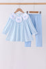 Blue bow embroidery pants set