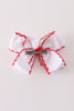 Red reindeer embroidery crochet edge hair bow
