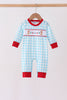 Blue puppy embroidery gingham romper