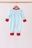 Blue puppy embroidery gingham romper