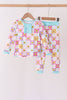 Blue smiling checkered ruffle bamboo pajama set