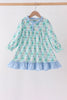 Green santa print ruffle dress