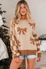Straw Yellow Ribbon Bow Print Checkered Striped Sleeve Drop Shoulder Sweater