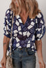 Blue Abstract Print Frilled Puff Sleeve V Neck Blouse