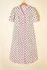 Pink Floral Print V Neck Scallop Trim Button Front Short Sleeve Long Dress