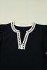 Black Leopard Trim Notched Neck Short Puff Sleeve Shift Mini Dress