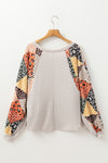 Parchment Contrast Printed Raglan Sleeves Patchwork V Neck Loose Top