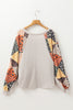 Parchment Contrast Printed Raglan Sleeves Patchwork V Neck Loose Top