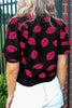 Black Rugby Print Casual Knit Short Sleeve Sweater