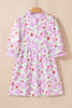 Pink Floral Print Striped Trim Frilled Neck 3/4 Sleeve Flared Mini Dress