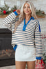 Blue Stripe Buttoned V Neck Collared Drop Shoulder Top