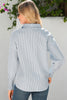 Gray Pinstripe Long Sleeve Smocked Cuffs Button Shirt Collar Blouse