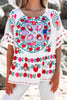 White Boho Floral Print Round Neck Ruffle Trim Blouse