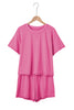 Bright Pink Seam Detail Raw Edge Tee Rainbow Waistband Casual Short Set