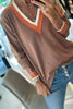Gray Contrast Striped Trim V Neck Varsity Sweater
