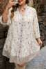 Khaki Plus Size Floral Print Striped Trim Patchwork Button Down A-line Dress