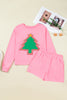 Sachet Pink Plaid Contrasted Double Christmas Tree Patched Raglan Sleeve Pullover 2pcs Short Set