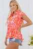 Orange Floral Print Collared Button Neckline Flutter Sleeve Blouse
