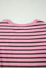 Rose Stripe Striped V-Neck Ribbed Collar Cuff Gathering Puff Sleeve Top