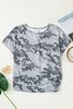 Gray Camouflage Print Round Neck T Shirt