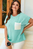 Light Blue Twisted Rib Contrast Pocket Knit Crew Neck Plus Size T Shirt