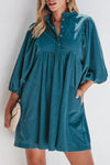 Vineyard Green Corduroy Snap Buttons Empire Waist Bracelet Sleeve Dress