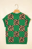 Green Leopard Checkerboard Short Sleeve Knit Sweater