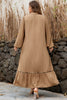 Chestnut Smocked V Neckline Leopard Piping Accent Bracelet Plus Size Long Dress