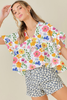 Yellow Floral Boxy Fit Ruffled Short Sleeve V Neck Blouse